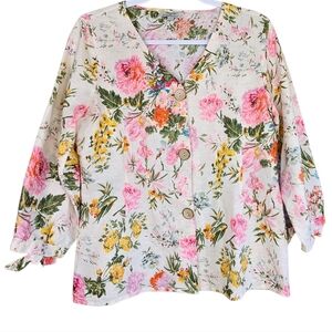 Hester & Orchard Linen Floral Tailored Button-Up Blouse With 3/4 Bow Sleeves